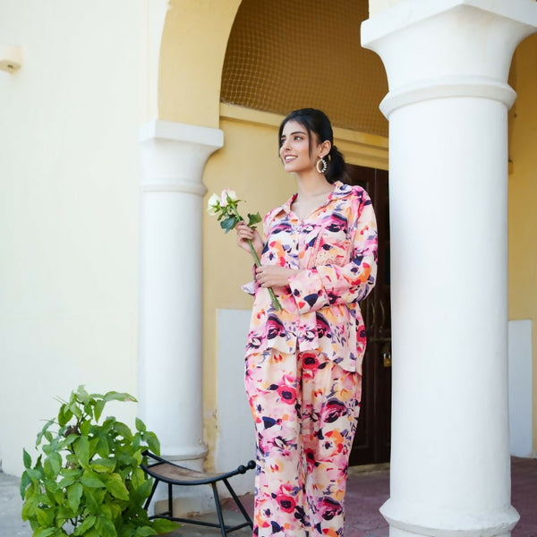 Vaasva Women Peach Muslin Floral Shirt & Pant Set - Distacart
