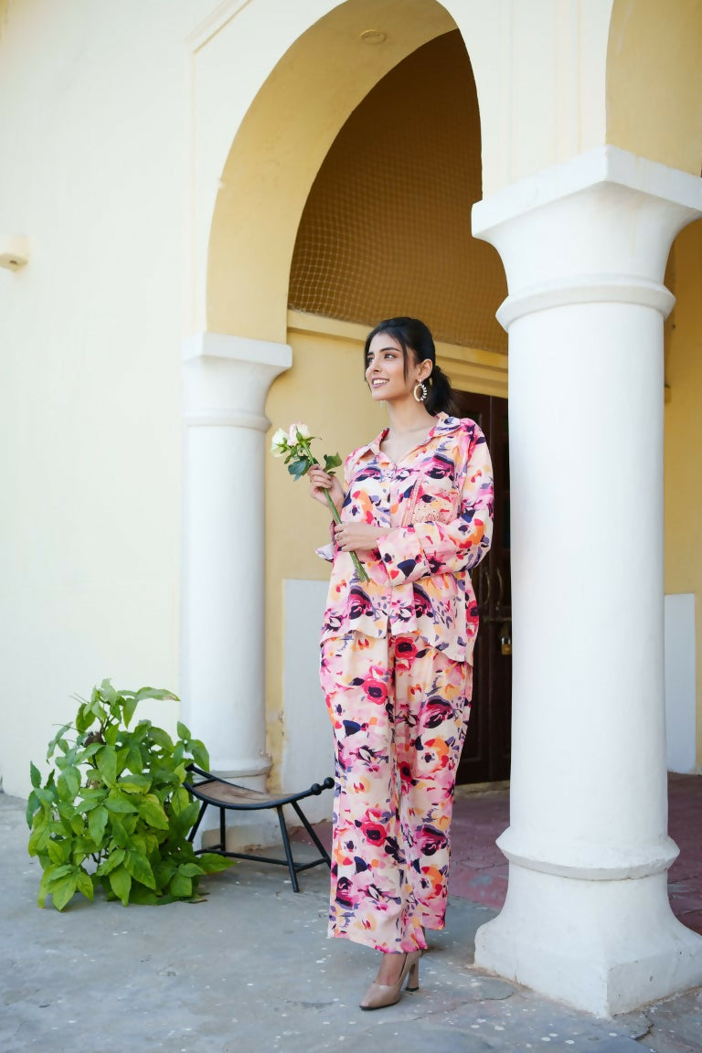Vaasva Women Peach Muslin Floral Shirt & Pant Set - Distacart