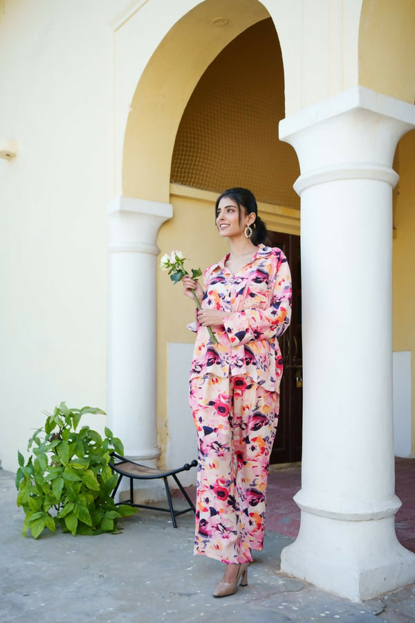 Vaasva Women Peach Muslin Floral Shirt & Pant Set - Distacart
