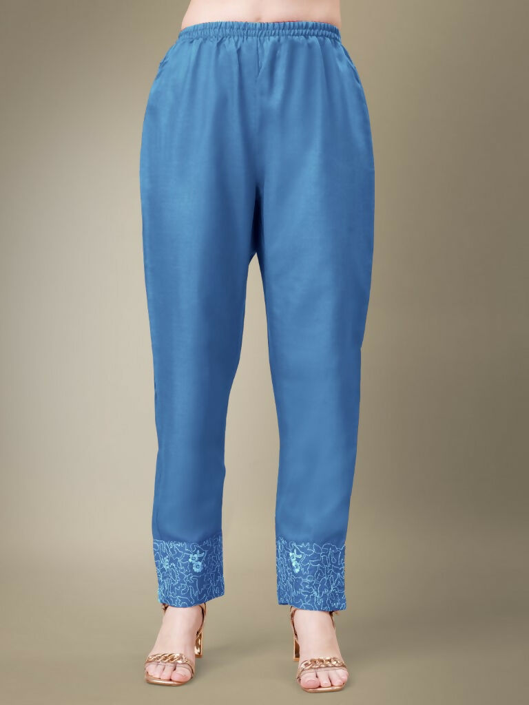 Jyoti Fashion Women's Sky Blue Cotton Blend Embroidery & Fancy Lace work Kurta with Trouser & Dupatta - Distacart