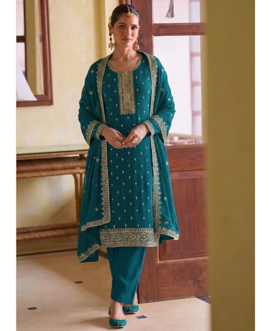 KC Aqua Blue Georgette Straight Suit With Heavy Embroidery - Dista