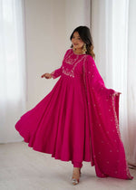 Thumbnail for The52 Women's Beautiful Embroidery Work Roman Chanderi Silk Fabric Flared Anarkali Pant and Dupatta Set - Distacart