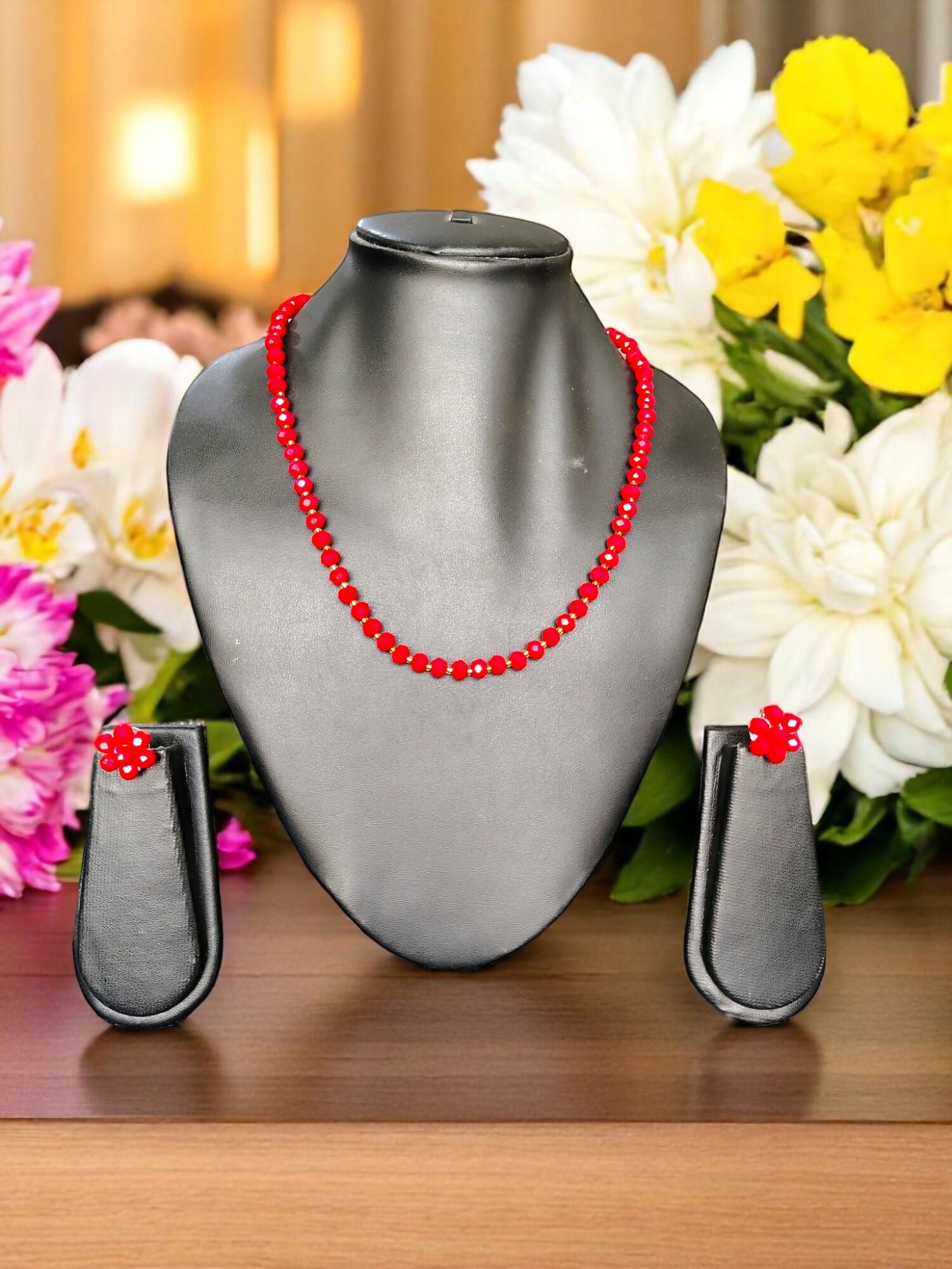 Inhanns Crystal Bloom – Single Line Necklace + Studs - Dark Red - Distacart
