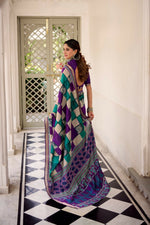 Thumbnail for Vastranavya Purple Viscose Chanderi Printed with Temple Border Saree & Unstitched Blouse - Distacart