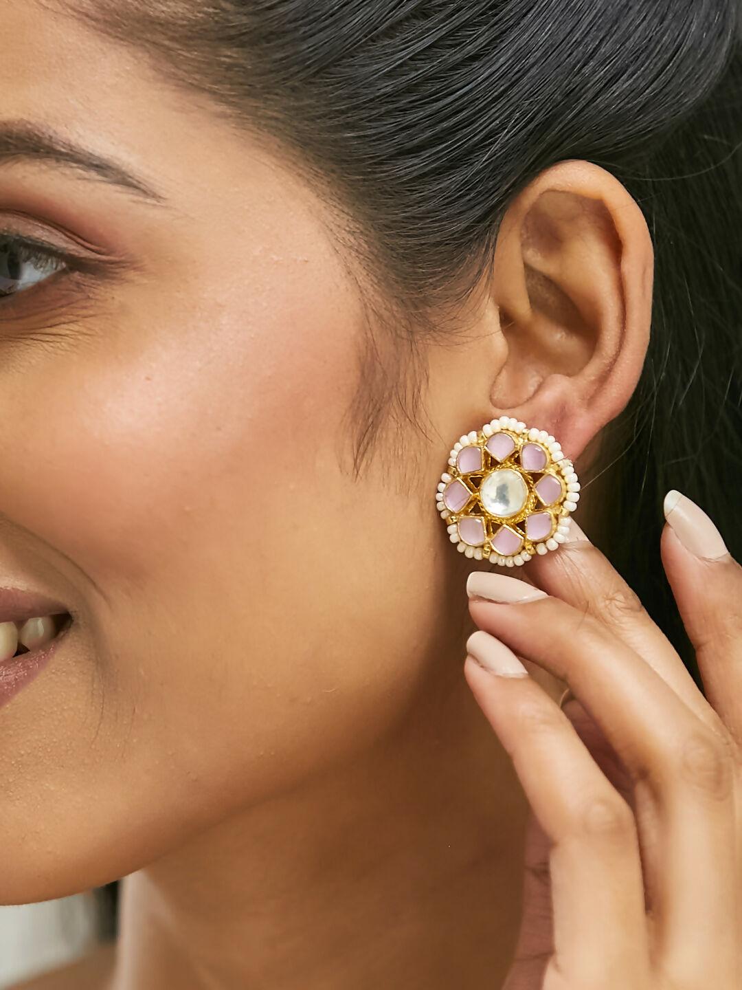 Nuyug 22K Gold-Plated Pink Kundan Studded & Beaded Floral Shaped Studs