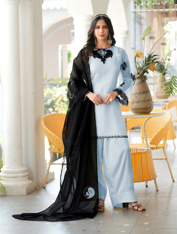 Nikhaar Light Blue Embroidered Organza Stitched Straight Cut Kurta Farshi Salwar Dupatta Readymade Suit - Dista