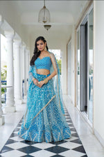 Thumbnail for Aastha Fashion Sky Blue Butterfly Net White Cotton Thread Work And Sequence Work Embroidery Wedding Wear Lehenga Choli - Distacart