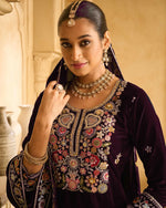 Thumbnail for Anaita Wine Embroidered Velvet Stitched Plazo Suit