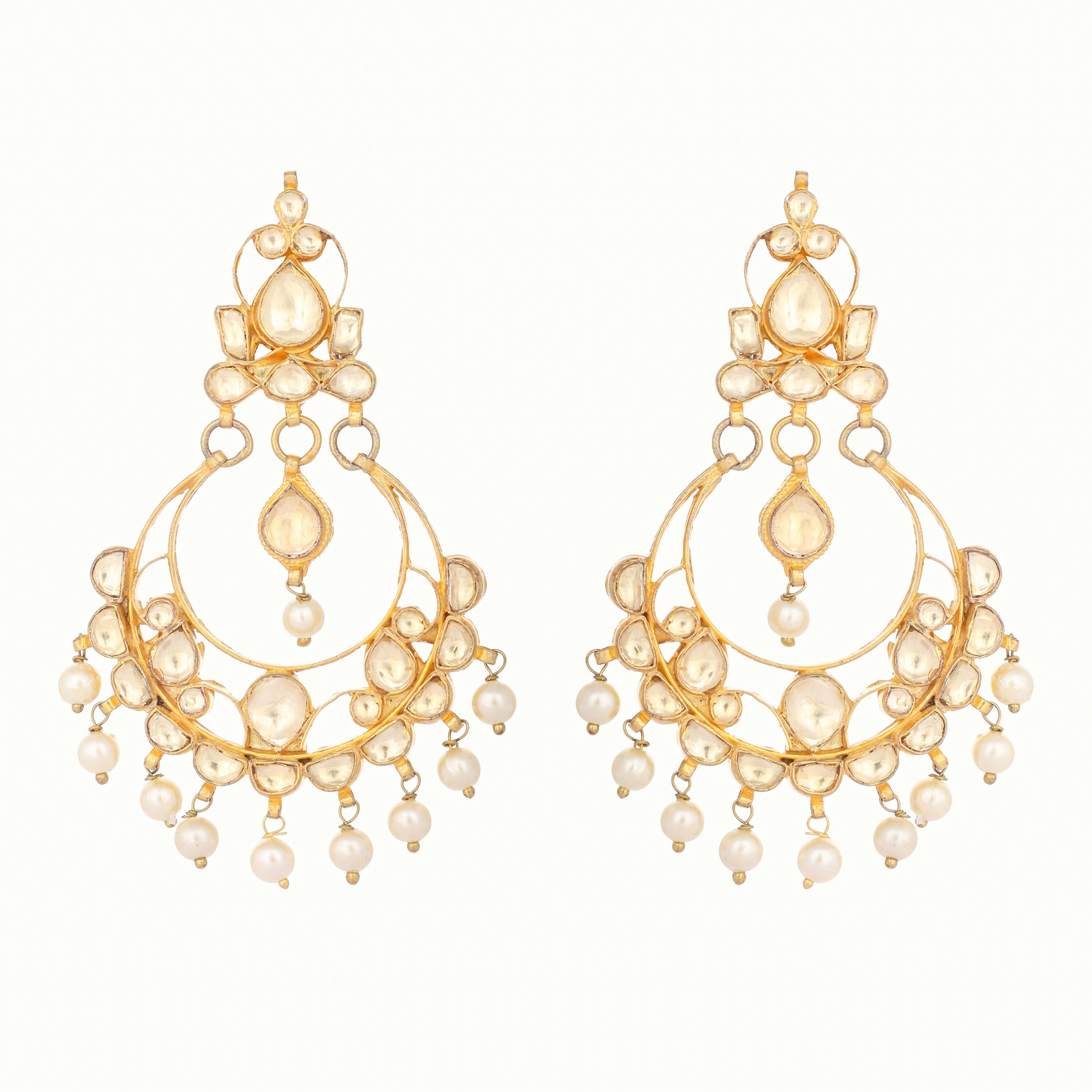 Nuyug 22K Gold Plated Kundan Studded Contemporary Shaped Pearl Drop Chandbalis - Distacart