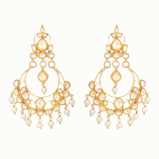 Nuyug 22K Gold Plated Kundan Studded Contemporary Shaped Pearl Drop Chandbalis