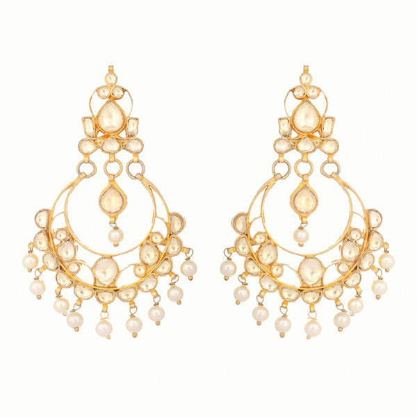 Nuyug 22K Gold Plated Kundan Studded Contemporary Shaped Pearl Drop Chandbalis