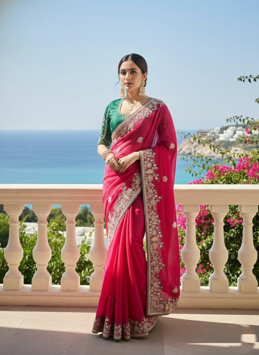 Teeya Creation New Stylish Party Wear Soft Fendy Chiffon Silk Saree-Pink - Dista