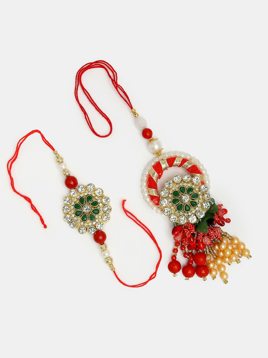 NVR Women & Men Set of 2 Red & Gold Toned Stone-Studded & Beaded Bhaiya Bhabhi Rakhi With Roli Chawal - Distacart