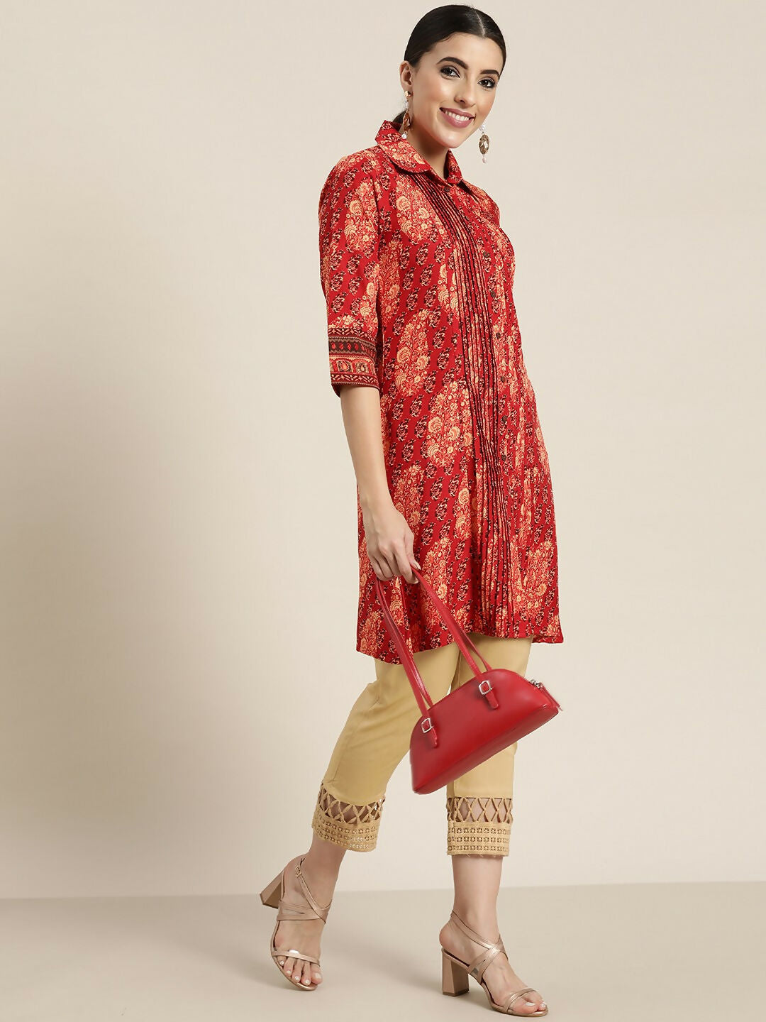 Juniper Red Ethnic Motif Printed Rayon A-Line Kurta with Buttons - Distacart