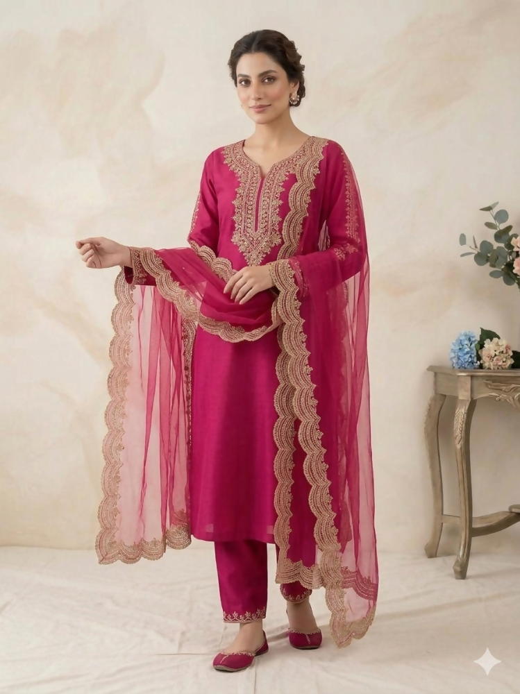 Teeya Creation New Womens Rani Pink Straight Cut Kurta Set with Scalloped Embroidered Organza Dupatta Set - Dista