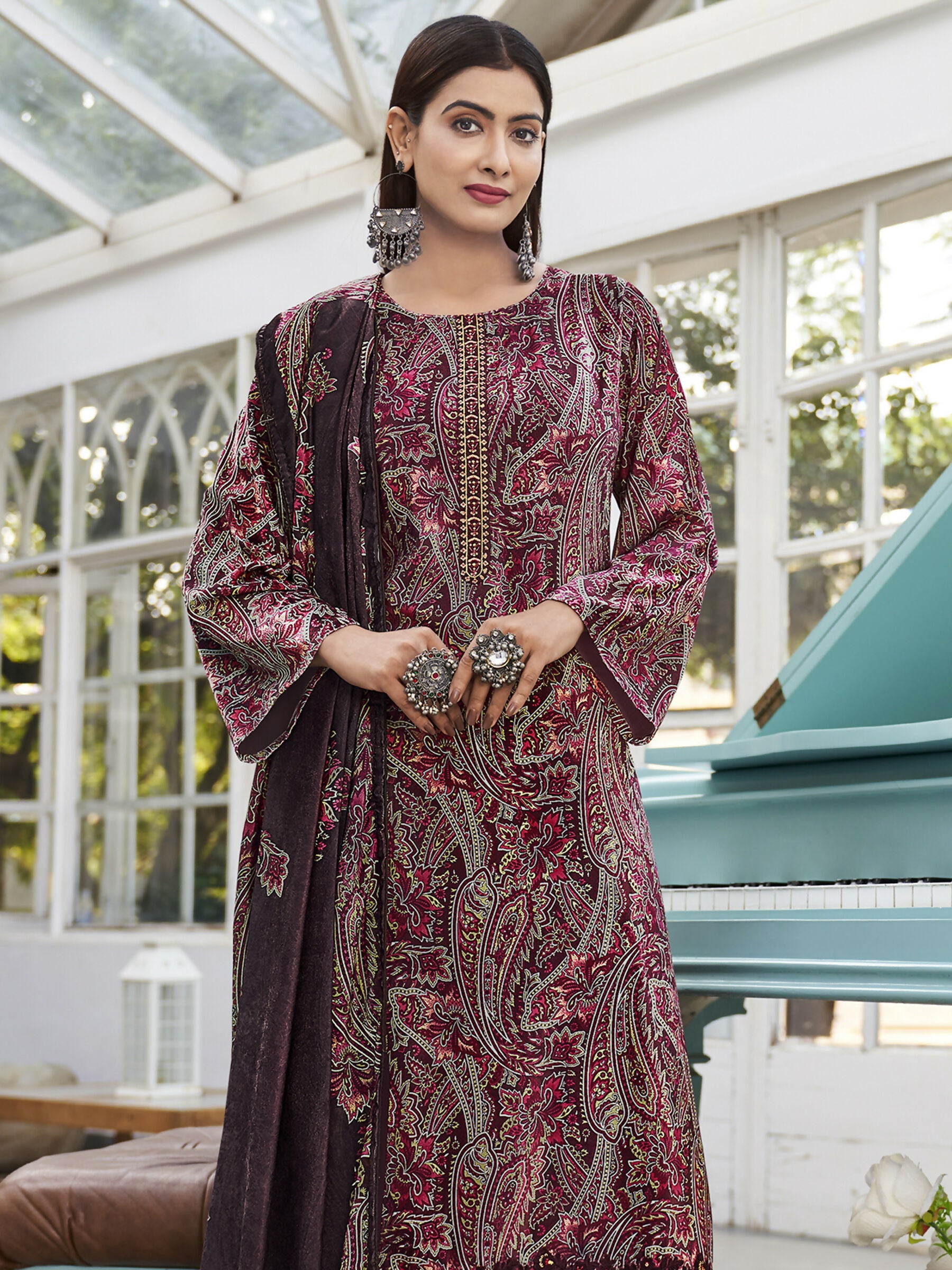 Jyoti Fashion Women's Wine Velvet Digital Print with Resham Thread work Kurta with Trouser & Dupatta - Distacart