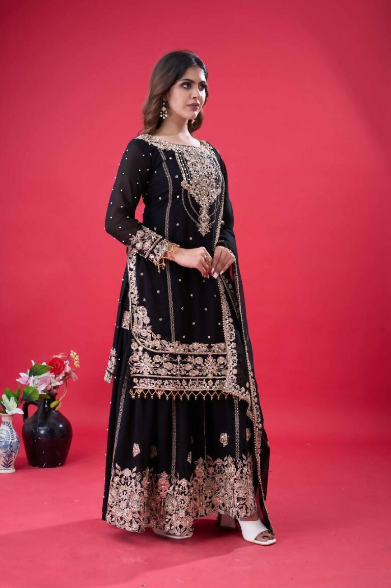 Teeya Creation Black Color Faux georgette Embroidery Work Sharara Set