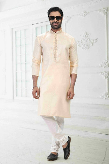 Raivat Ethnic Linen Cotton Thread Work Kurta Pajama In Beige Colour - Dista