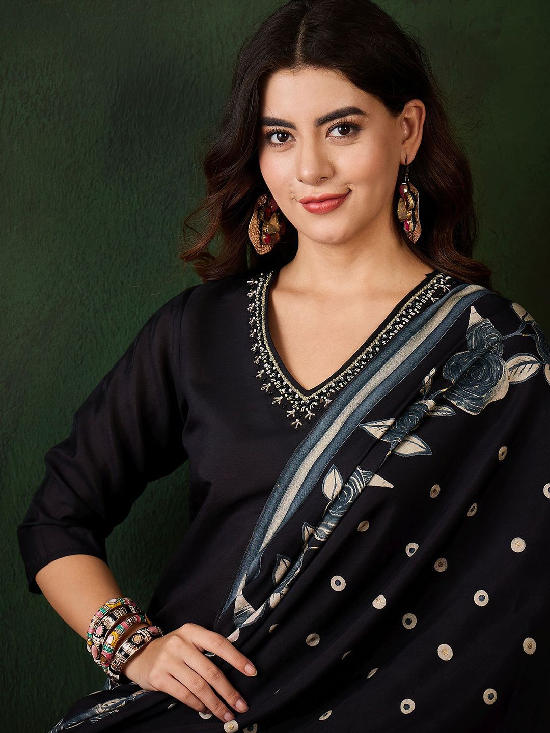 Sangria Floral Printed Sequinned V-Neck Straight Kurta & Trouser With Dupatta - Distacart