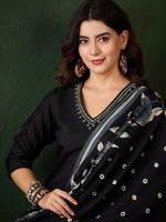 Thumbnail for Sangria Floral Printed Sequinned V-Neck Straight Kurta & Trouser With Dupatta