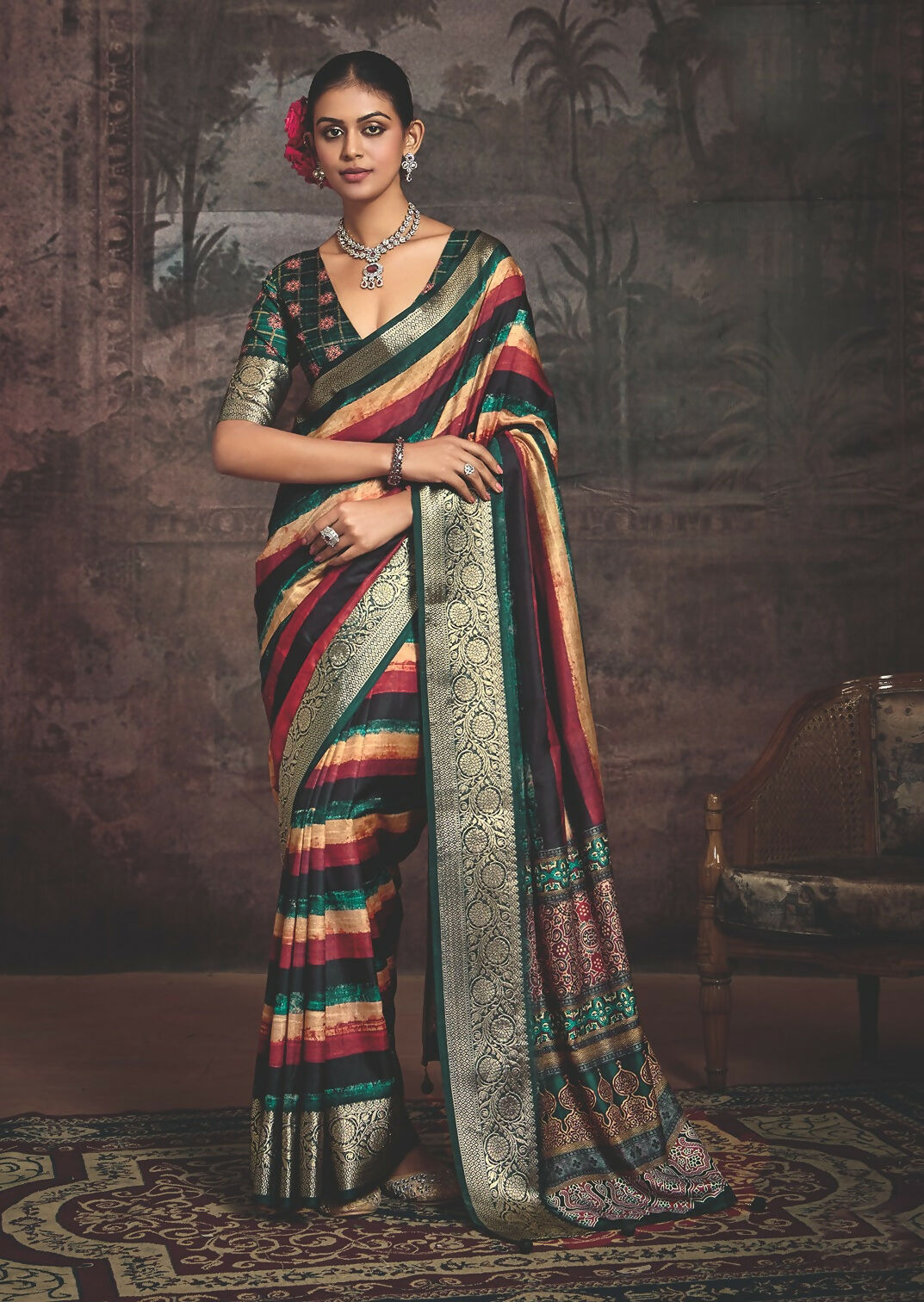 Joban Fashion Multicolor Art Silk With Fine Viscose Border Ajrak Full Body Print With Soft Finish Saree - Distacart