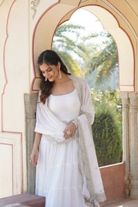 Thumbnail for Aastha Fashion Women's White Faux Georgette 5 Layer Frill Work Anarkali Dress with Dupatta - Distacart