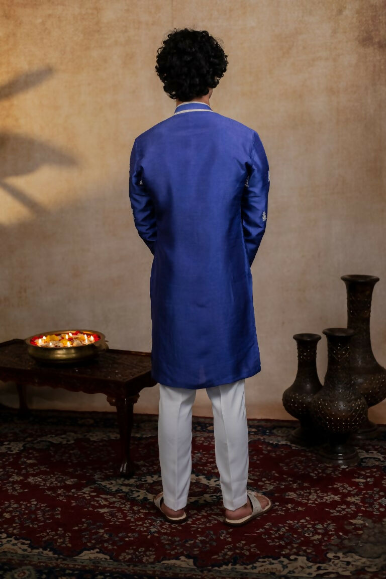 Falling Raw Silk Dark Blue Silver Stitches Kurta Set By Hilo Design - Distacart