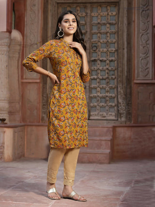 Juniper Mustard Floral Printed Muslin Kurta With Tassels & A Pleat At Front - Distacart