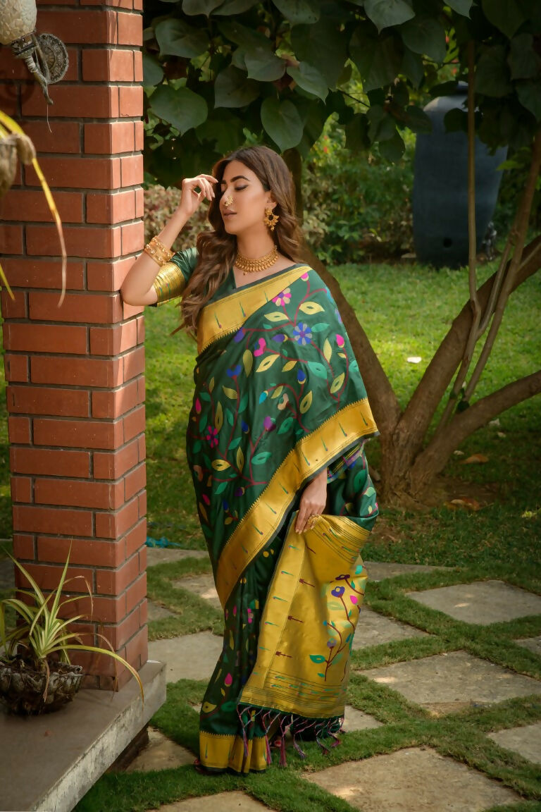Jyoti Fashion Women's Bottle Green Paithani Silk Zari Woven Saree with Blouse - Distacart