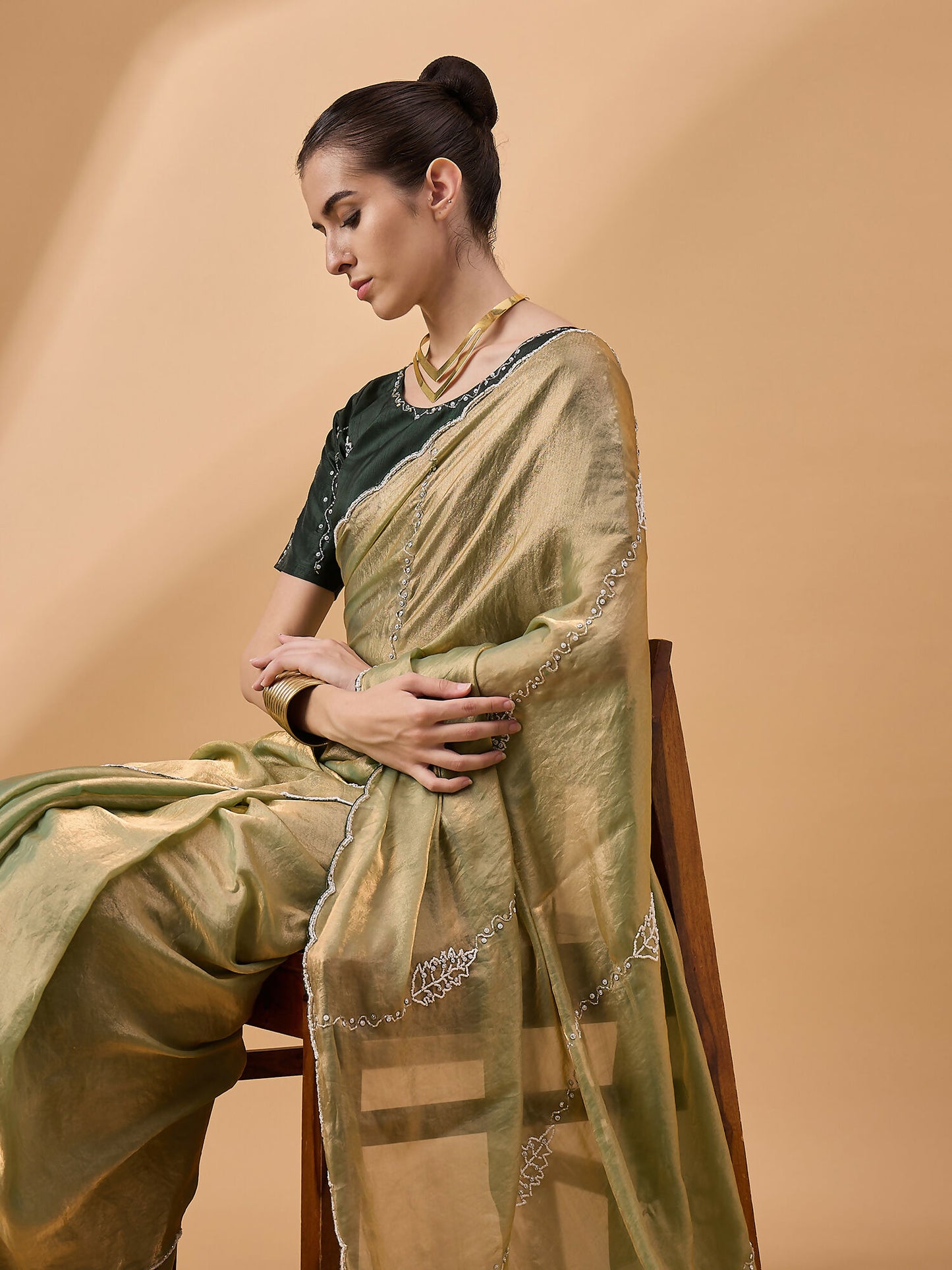 Green Muslin Embroidered Saree with Unstitched Blouse Piece - Satya - Distacart