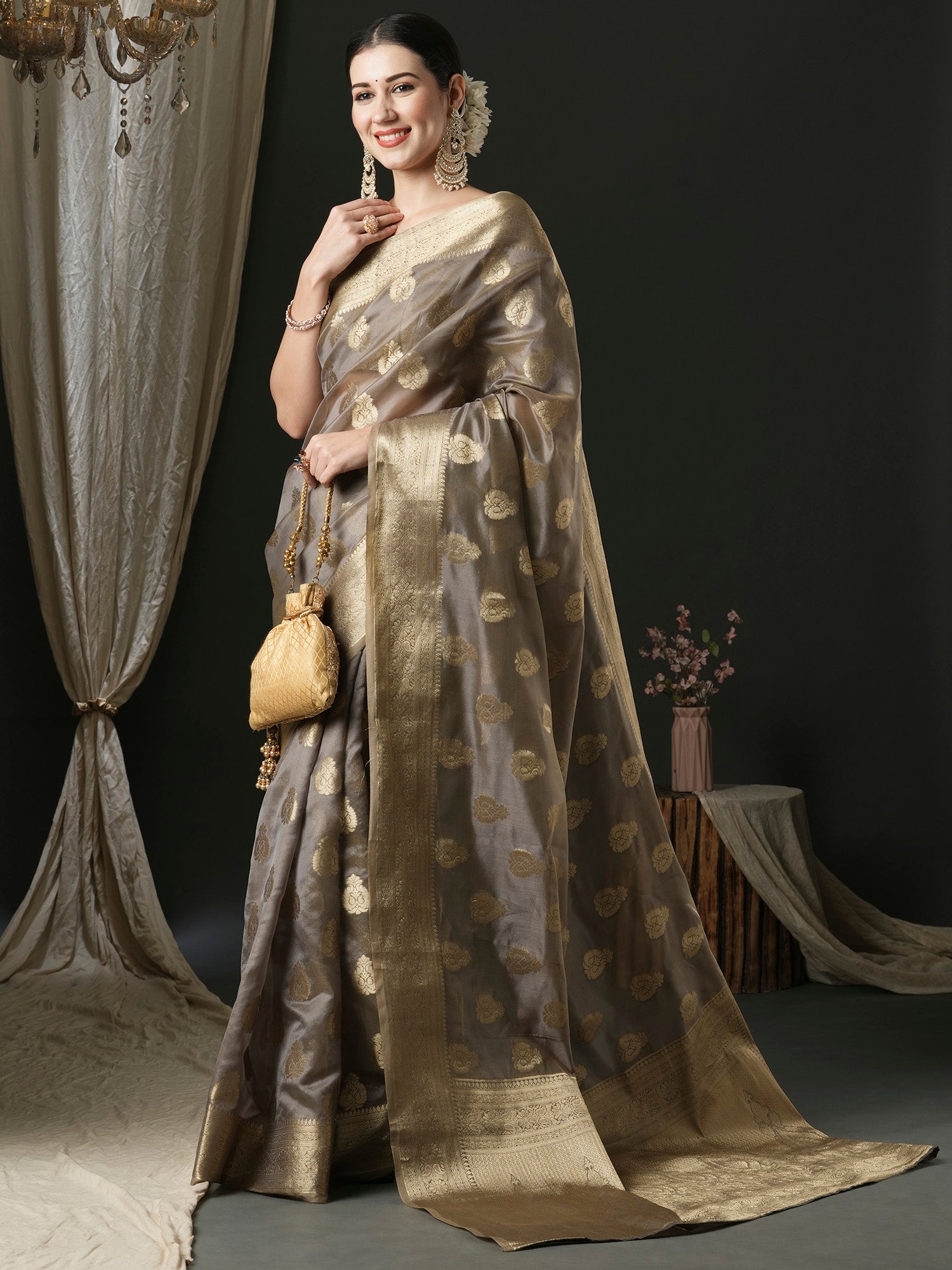 NOZ2TOZ Women's Organza Grey Woven Design Designer Saree With Blouse Piece - Distacart