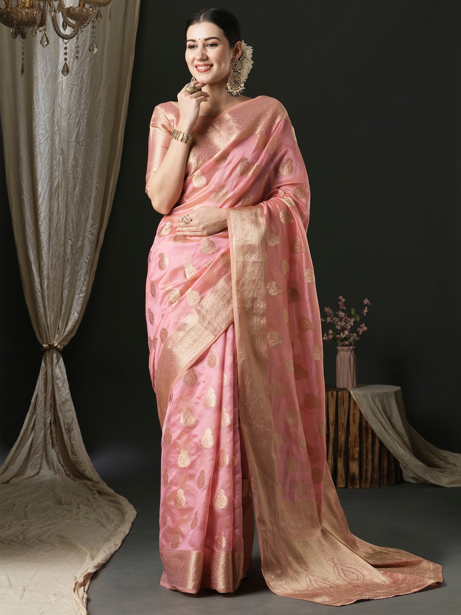 NOZ2TOZ Women's Organza Pink Woven Design Designer Saree With Blouse Piece - Distacart