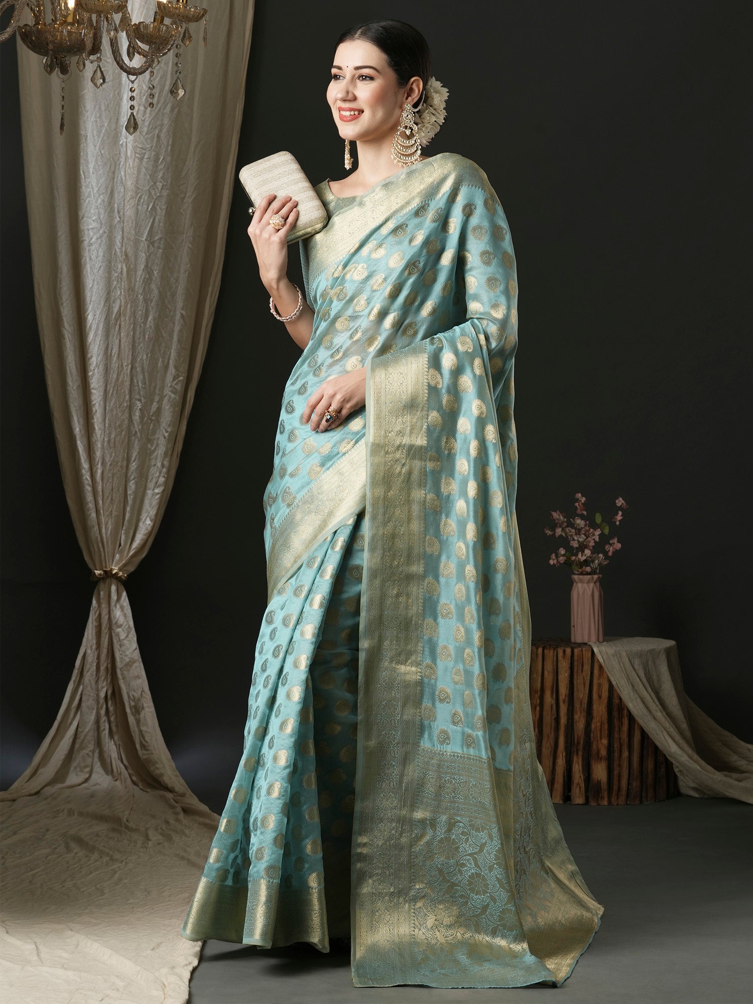 NOZ2TOZ Women's Organza Light Blue Woven Design Designer Saree With Blouse Piece - Distacart