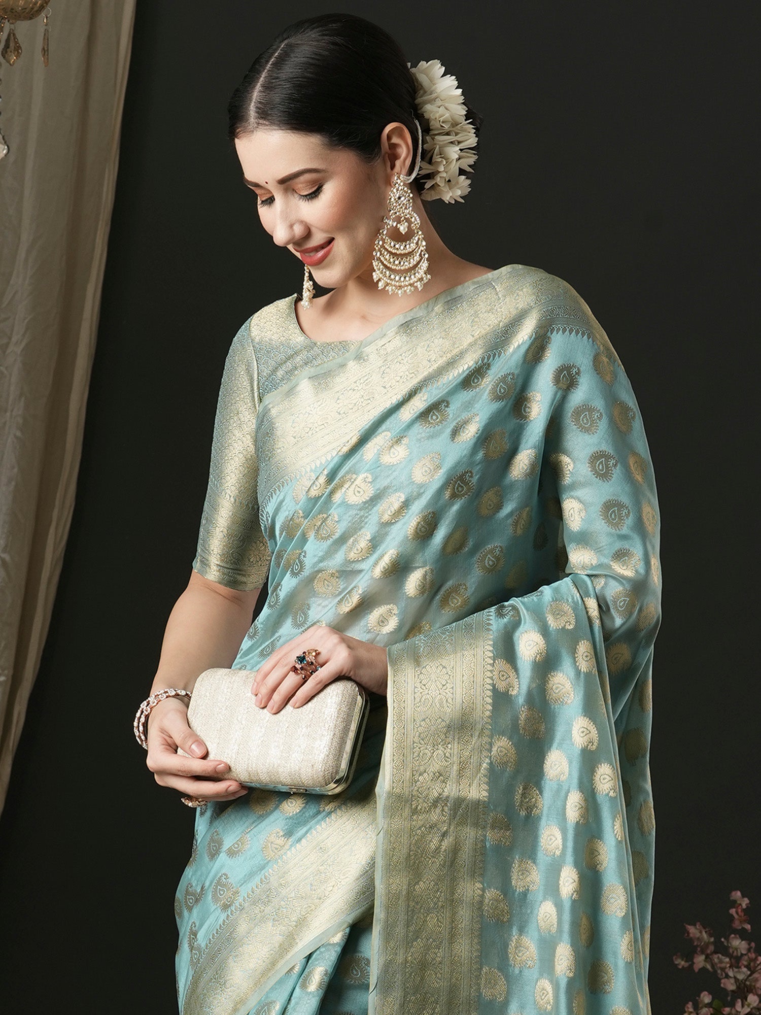NOZ2TOZ Women's Organza Light Blue Woven Design Designer Saree With Blouse Piece - Distacart