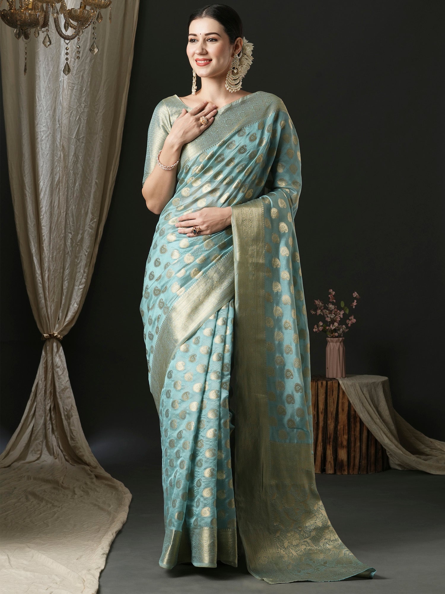 NOZ2TOZ Women's Organza Light Blue Woven Design Designer Saree With Blouse Piece - Distacart