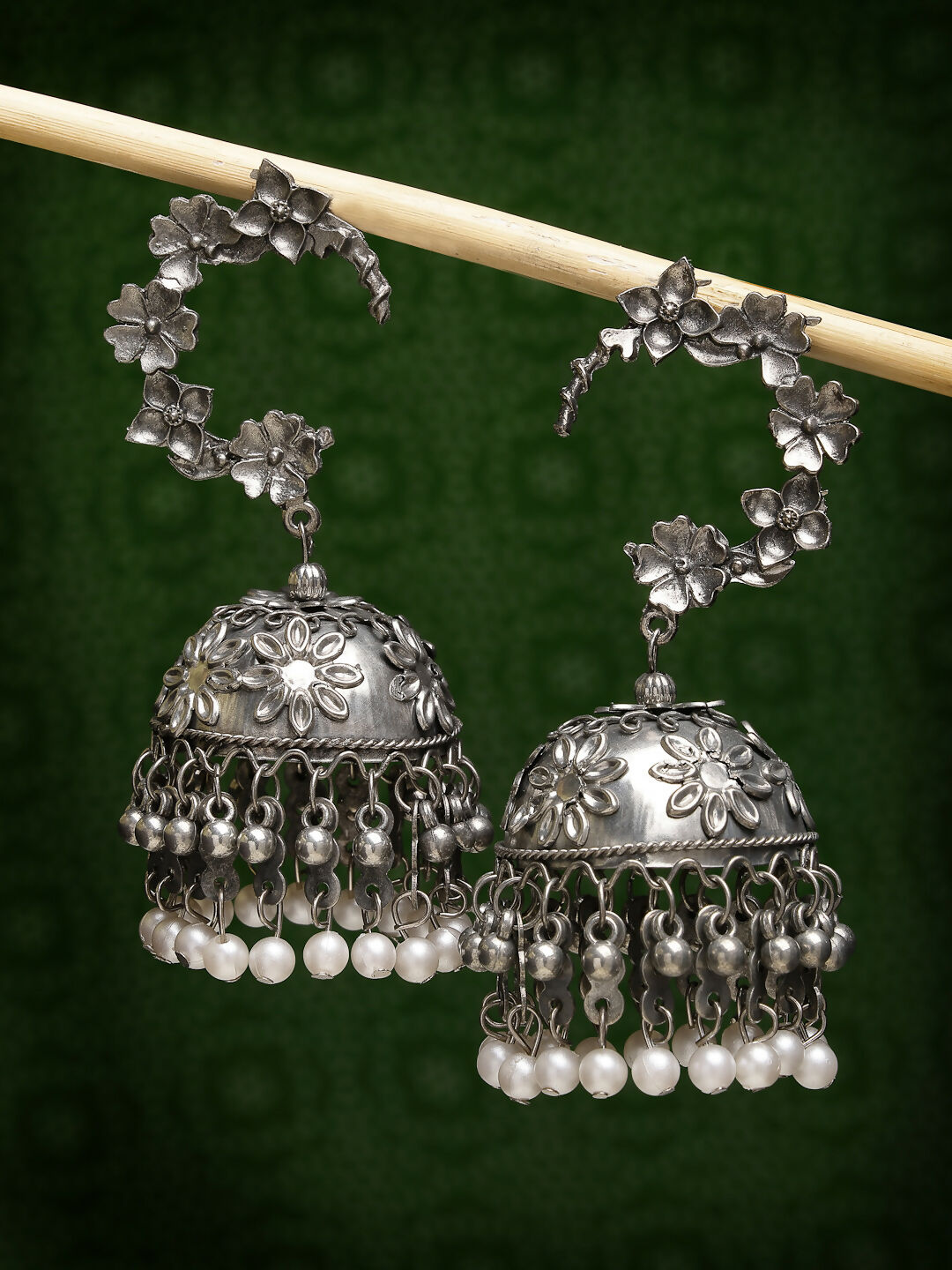 NVR Women's Silver Plated Pearl Beaded Oxidised Contemporary Jhumka Earrings - Distacart