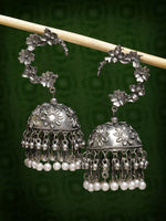 Thumbnail for NVR Women's Silver Plated Pearl Beaded Oxidised Contemporary Jhumka Earrings - Distacart