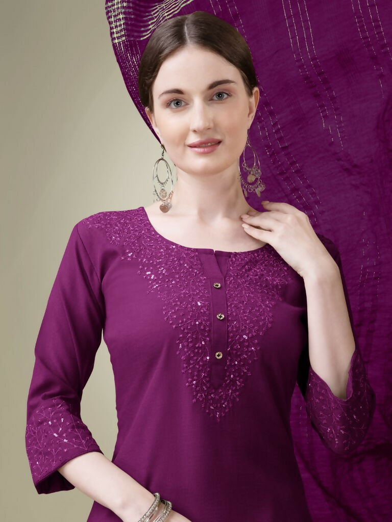 Jyoti Fashion Women's Purple Cotton Blend Embroidery & Sequence work Kurta with Trouser & Dupatta - Distacart