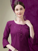 Thumbnail for Jyoti Fashion Women's Purple Cotton Blend Embroidery & Sequence work Kurta with Trouser & Dupatta - Distacart