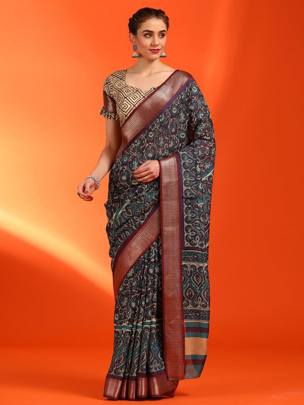 NOZ2TOZ Women's Dola Silk Purple Printed Designer Saree With Blouse Piece - Distacart