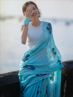 Thumbnail for Prime Volt Women's Sky Blue Floral Digital Print Soft Linen Saree With Blouse - Distacart
