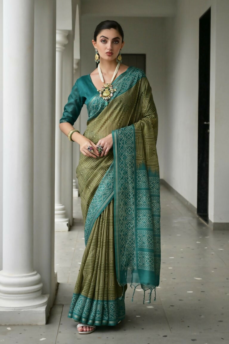 Vishnu Weaves Women's Rama Soft Tussar Silk Printed Saree with Blouse