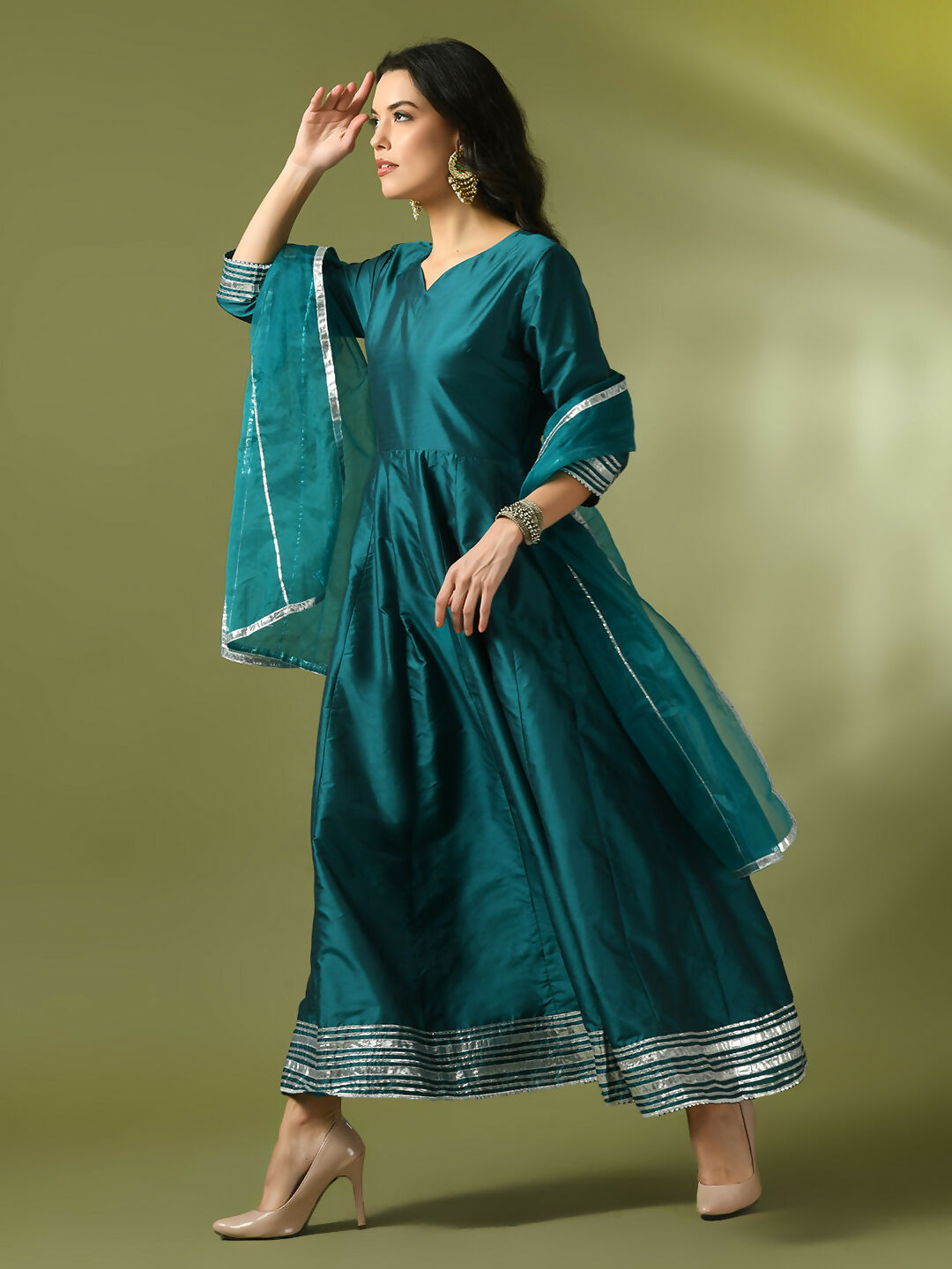 Myshka Women's Teal Solid Silk Anarkali Party Kurta With Dupatta - Distacart