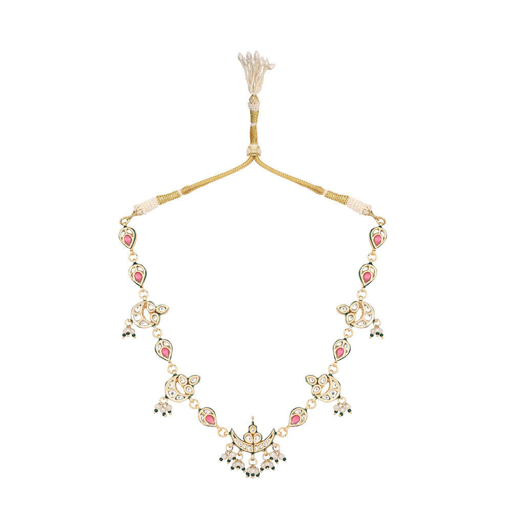 Nuyug 22K Gold Plated Regal Enamel Bloom Pearl Drop Necklace