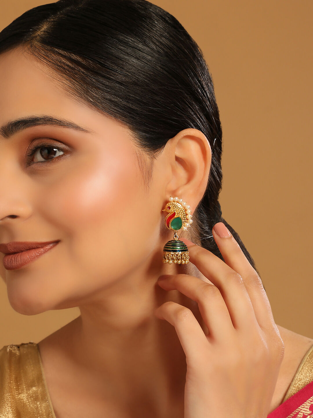 Nuyug 22K Gold Plated Pearls Studded Contemporary Shaped Enamel Jhumkas