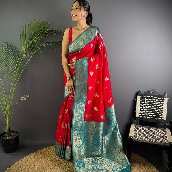 Joban Fashion Banarasi Red Woven Butti Soft Silk Saree - Distacart