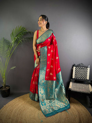 Joban Fashion Banarasi Red Woven Butti Soft Silk Saree