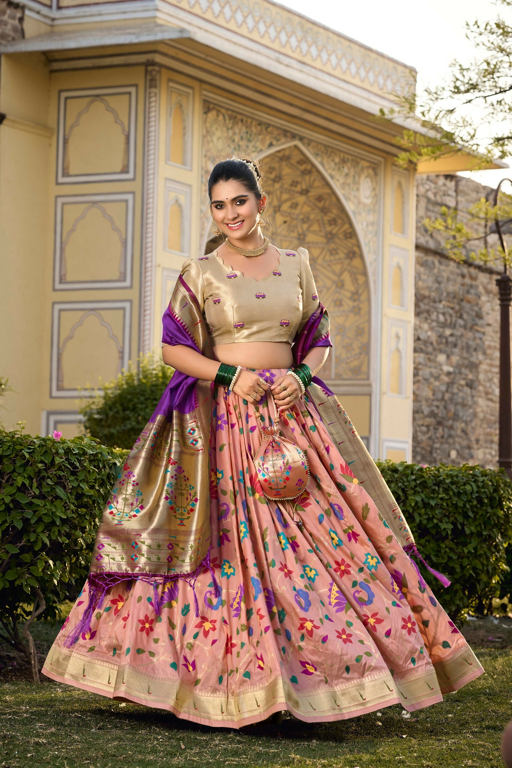 Vastranavya Traditional Jacquard Silk Paithani Lehenga Choli - Peach - Distacart