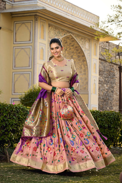 Vastranavya Traditional Jacquard Silk Paithani Lehenga Choli - Peach - Distacart