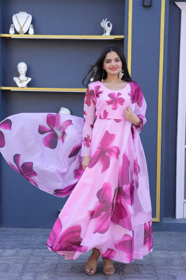 Aastha Fashion Women's Pink Tebby Silk Floral Printed Anarkali Dress with Dupatta - Distacart